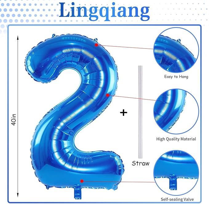Blue 2 Balloons, 40 Inch Large Foil Number Balloons Set 0-9, Self Inflating Digital 2 Helium Balloon for Boys Men 2nd 12th 20th Age Birthday Anniversary Party Decorations Photo Shoot Supplies