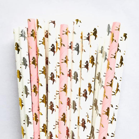 100 pcs Mixed Biodegradable Party Paper Straws, Pink Metallic Golden Rose Gold Silver Foil Pony Drinking Straws Bulk, Kentucky Horse Derby Baby Shower Birthday Wedding Cake Pop Sticks (Carousel Horse)