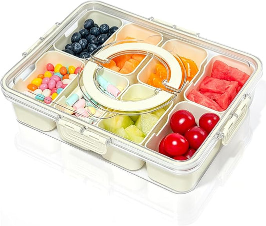 HRXFOZ Divided Serving Tray with Lid and Handle,8 Compartments Snacks Box,Snack Fruit and Veggie Tray,Portable Platter for Candy Fruits Nuts Snack Party Entertaining Picnic (1 PCS)