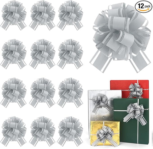 12 Pcs Grey Gift Bow Pull Bows for Gift Warpping Christmas Warp Ribbon Bow Party Birthday Wedding Solid Bows for Bikes Anniversary Boxes Flower Decorations Valentine's Day (Grey-E)