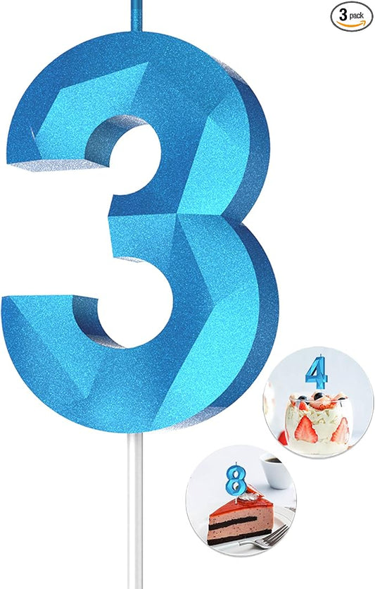 Number Birthday Candles(3 Candle Blue) 3D Diamond Shape Number Happy Birthday Cake Candles for Birthday Party Wedding Decoration Reunions Theme Party