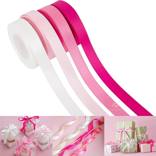 HUIHUANG Pink Satin Ribbon 1/2 inch x 4 Rolls White/Light Pink/Pink/Hot Pink Ribbon for Gift Wrapping DIY Crafts Hair Bows Flower Bouquets Wedding Bridal Shower Decor- Total 40 Yards