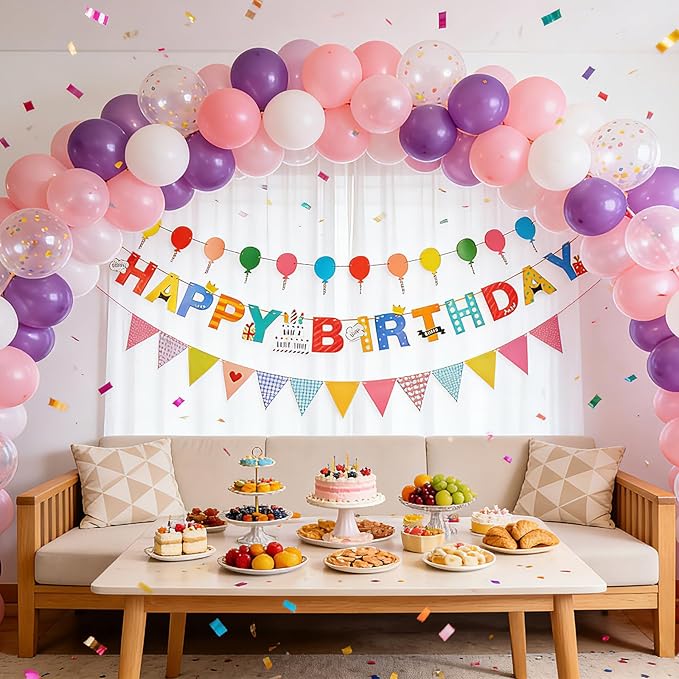 Colorful Happy Birthday Banner, Birthday Decorations Hanging Birthday Sign with Balloon Letter Triangle Bunting Flags, Rainbow Hanging Garland for Women Kids Baby Shower Party Supplies
