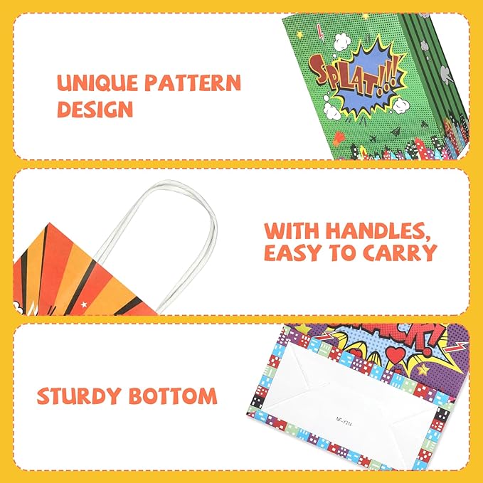 20Pcs Superhero Party Favors Bags with Handles, Comic Hero Kraft Paper Bags for Kids, Goodie Bags Candy Treat Gift Bags for Boom Hero Theme Birthday Baby Shower Party Supplies