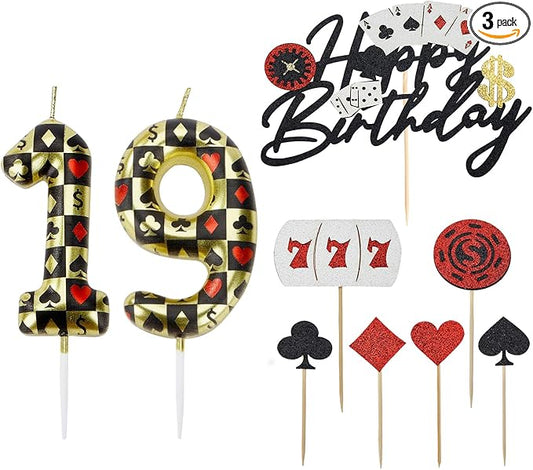Casino Birthday Number Candles for Cake, Poker Birthday Candles for Casino Themed Birthday Party Decoration, Glitter Casino Birthday Cake Topper for Casino Night Theme Birthday Cake(Number 19 & 91)