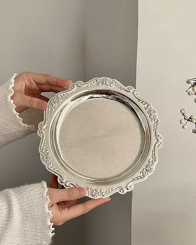 Round Decorative Tray 5.9in Metal Dessert Plates Vintage Coffee Table Tray for Snacks Fruit Silver