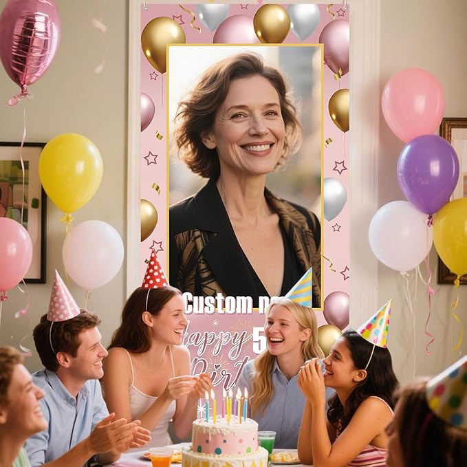 Dicodes Personalized Happy Birthday Door Banner Custom Photo Birthday Photography Background Decorations Party Supplies for Women Men (Rose Pink)