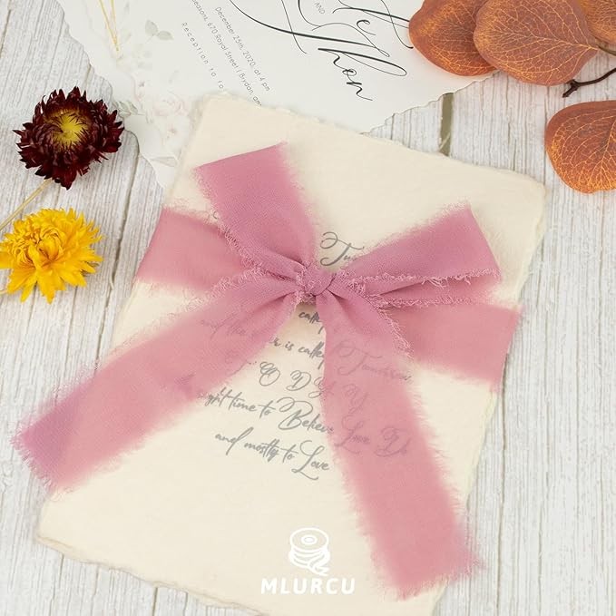 Rosy Mauve Chiffon Ribbon - 1.5 Inch x 21 Yards, Handmade Fringe, Silk, Boho Frayed, Perfect for Gift Wrapping, Wedding Invitations, Bridal Flower Bouquets