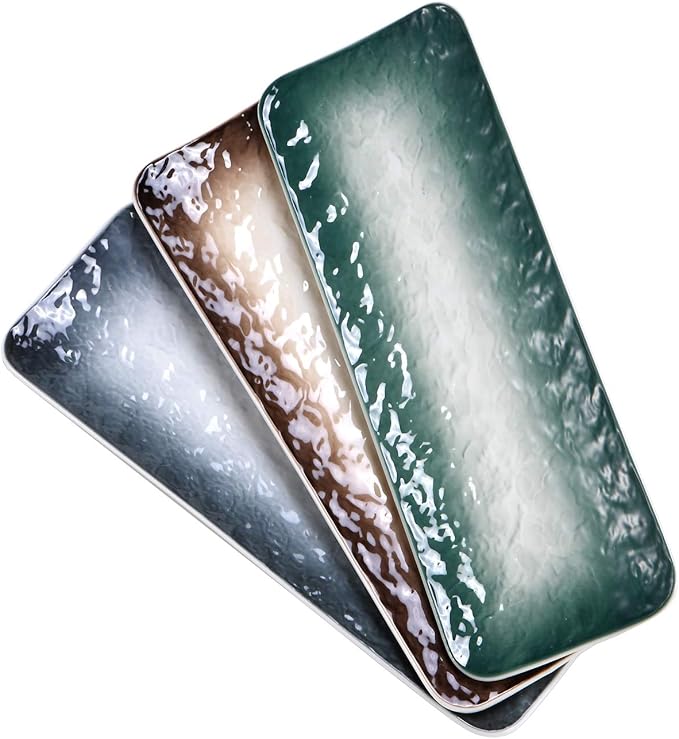 Eglaf 11.5'' Ceramic Platters - Rectangular Embossed Texture Sushi Plates - Party Porcelain Serving Trays for Appetizer, Dishes Decoration, Entertain Guests (Set of 3 Colors)