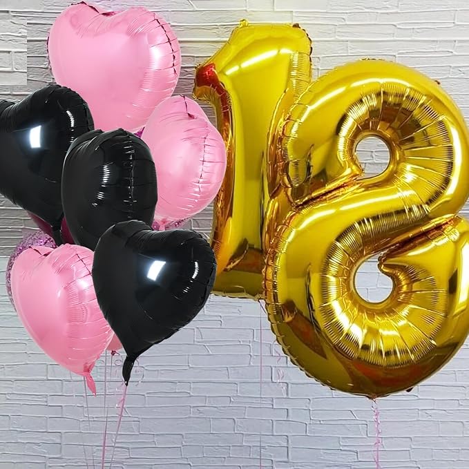 TONIFUL 30Pcs 18 Inch Pink Black Heart Balloons Valentine’s Day Heart Shape Foil Mylar Balloons Decoration for Romantic Valentine's Day Wedding Bridal Shower Anniversary Engagement Party Supplies