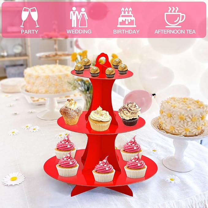 Soleebee 3-Tier Round Cupcake Stand, Cardboard Cupcake Tower, Dessert Cup Cake Stand Tower for Birthday Wedding Party Decoration, Cupcake Tier Stand 1 Set (Red)