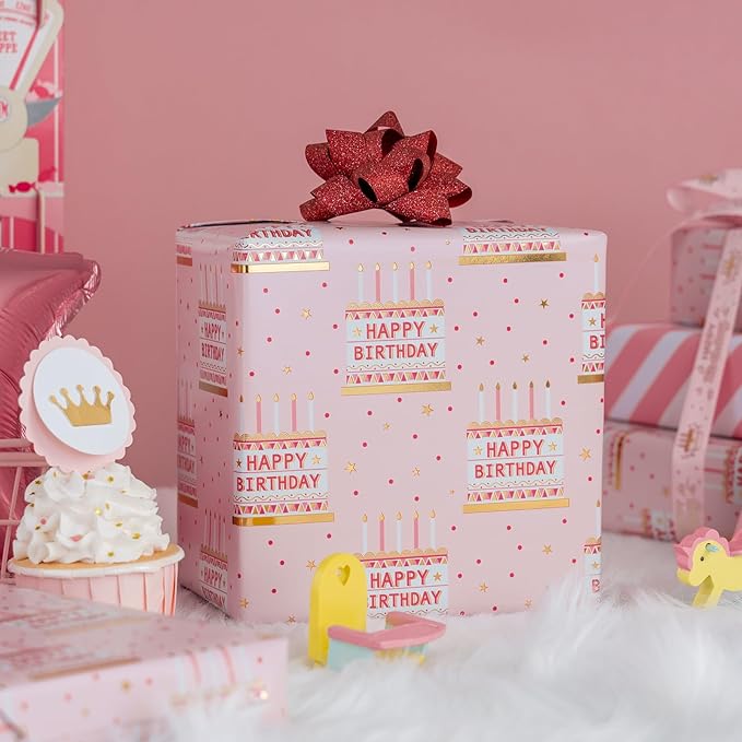 MAYPLUSS Pink Birthday Wrapping Paper Roll - 17 Inch X 33 Feet - Girly Shiny Metallic Pink Birthday Cake Pattern Reversible Gift Wrap Paper Pastel for Girl Baby Shower Wedding Bridal Shower