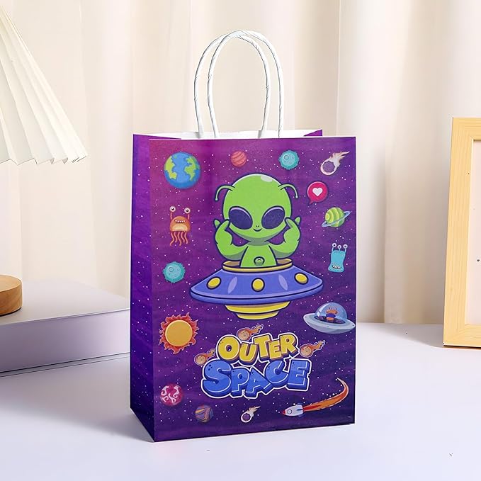 JALEBRO 24PCS outer space alien astronaut theme Party Favors Gift Bags Bulk with Handle, Paper Snack Treat Goodie Bag for Space Goody Bags Birthday Party Decorations Supplies 8"x5.9"x3.1" (space)
