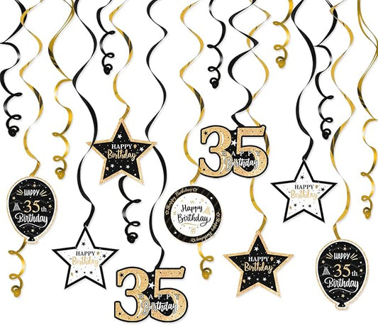 Happy 35th Birthday Black & Gold Glitter Swirls Streamers Party Decorations - 15 Pcs 35th Birthday Hanging Swirls Streamers Kit,Perfect for 35th Bday Party Sign.