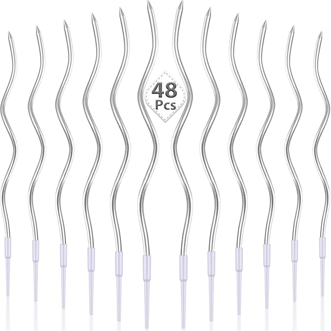 48 Pieces Twisty Birthday Spiral Cake Candles with Holders Long Thin Curly Coil Metallic Cake Cupcake Candles for Birthday Wedding Party Decoration(Metallic Silver)