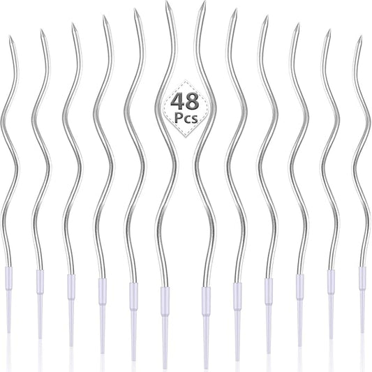 48 Pieces Twisty Birthday Spiral Cake Candles with Holders Long Thin Curly Coil Metallic Cake Cupcake Candles for Birthday Wedding Party Decoration(Metallic Silver)