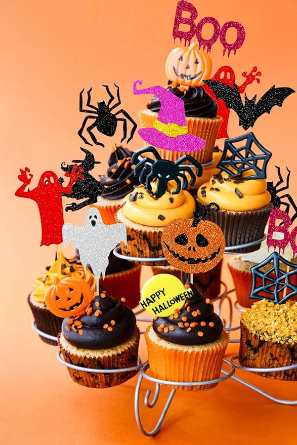 Glitter Happy Halloween Cupcake Toppers including Pumpkin Boo Ghost Hat Witch Spider Bat Food sticks Decorations for Halloween Themed Kids Birthday Party -40PCS