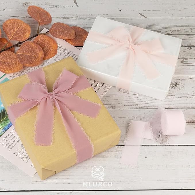 Pink Chiffon Ribbon 1 Inch x 21Yds Handmade Fringe Chiffon Silk Ribbon Dusty Rose/Blush/Pink Frayed Chiffon Ribbon for Wedding Invitation Flower Bouquets Gift Wrapping Bridal Shower Baby Shower