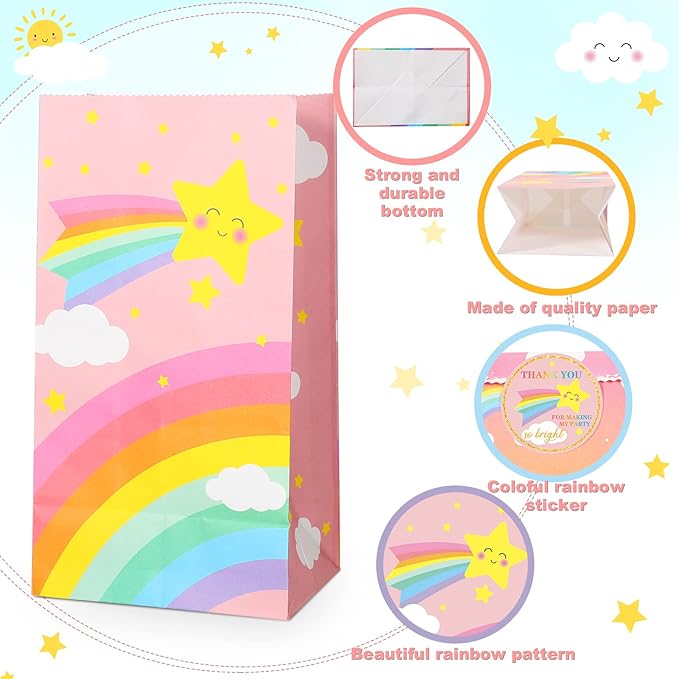 Nezyo 24 Pack Rainbow Goodie Bags with Stickers Rainbow Party Favor Bags, Turquoise, 8.7 x 4.7 x 3.1 Inch Pastel Gift Bag for Birthday Party Favors Candies Snacks Treats Decorations