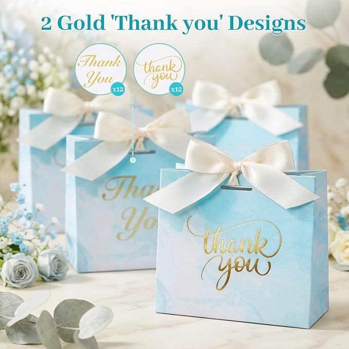 VGOODALL Thank You Gift Bags, Light Blue Party Favor Bags with Gold Lettering and Bow Ribbon, 24 Pack, for Wedding Bridal Baby Shower Birthday