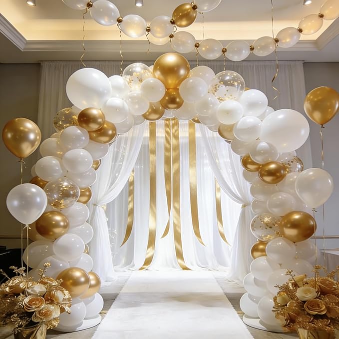 White and Gold Balloons Arch Kit, 131Pcs Gold Latex Balloons Different Size, Gold and White Balloons for Wedding, Engagements, Birthday, Bridal Shower, Anniversary