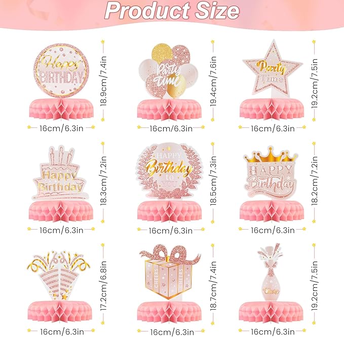 9PCS Birthday Table Decorations,Pink Rose Gold Honeycomb Center Pieces for Table Decorations,Happy Birthday Party Decor for Women Girl,Party Supplies for Birthday Baby Shower