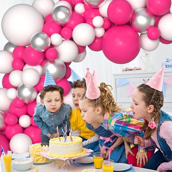 Rose Red, White, Metallic Silver Balloons Set, Hot Pink White Silver Balloon Arch for Birthday Baby Shower Princess Girl Baby Shower Christmas Party Supplies
