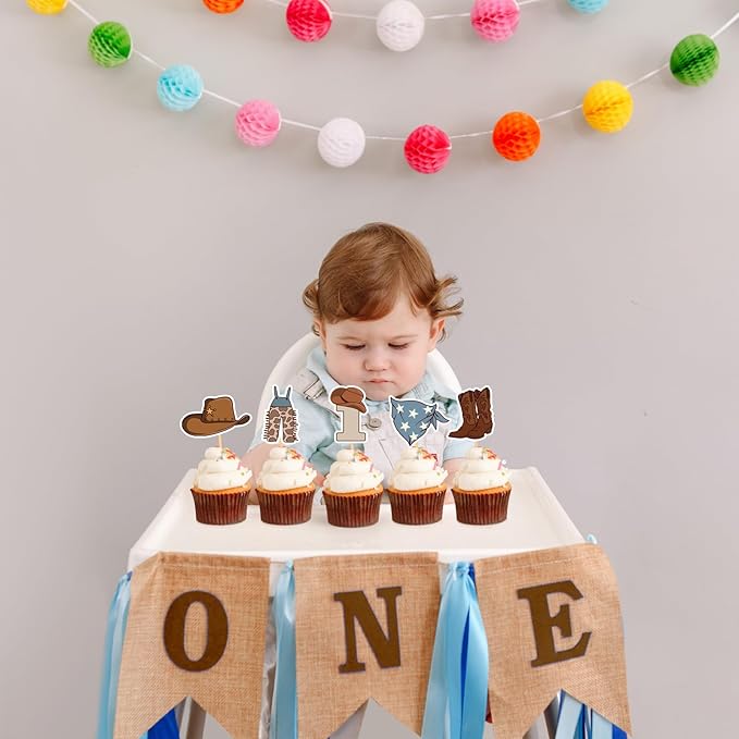 48 Pcs Cowboy 1st Birthday Cupcake Toppers My First Rodeo Birthday Party Deocration 1St Birthday Party Decorations for Boy baby shower Rodeo Theme Party Deocrations