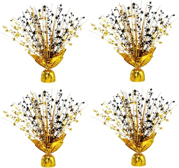 4 Pack Metallic Foil Spray Centerpiece Stars for Wedding, Birthday, Anniversary, Christmas Table Decor, Holiday Festival Baby Shower Graduation Mantle Party Decorations (Gold&Black)