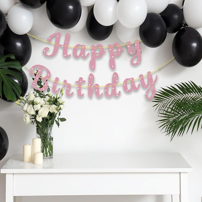 Pre-Strung Glitter Happy Birthday Banner Signs Birthday Garlands Banners Flag for Women Men Party Backdrop Decorations Pink