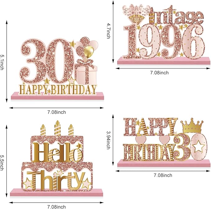 4 Pieces 30th Birthday Decorations Wooden Vintage 1996 Table Centerpieces for Women, Pink Rose Gold Cheers to 30 Years Table Sign Party Supplies, Hello 30 Years Old Bday Table Decor