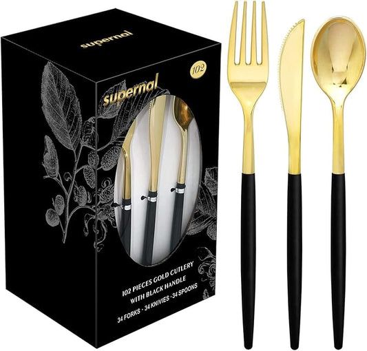 Supernal 102 Pcs Black and Gold Plastic Silverware Set,Heavy Duty Gold Disposable Cutlery for 34 Guests (34 Forks,34 Spoons,34 Knives),Elegant Plastic Flatware for Weddings,Parties & Upscale Events