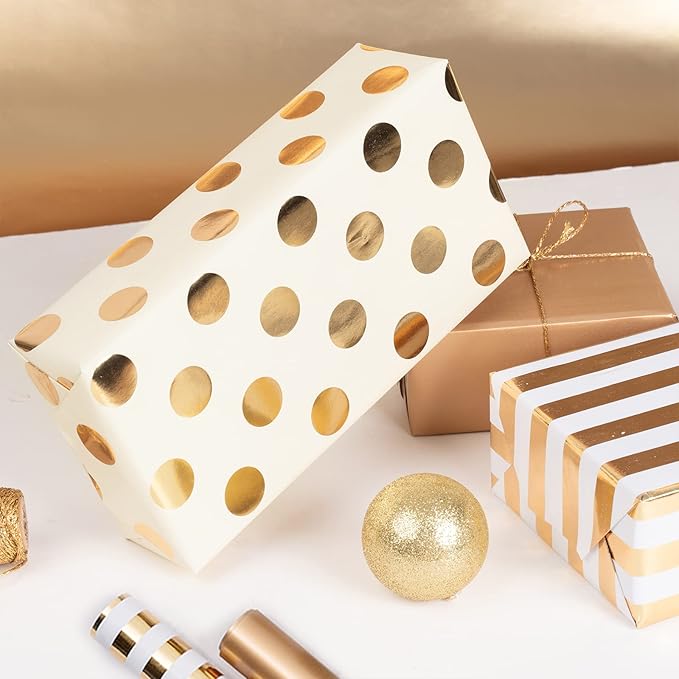 WRAPAHOLIC Gold Wrapping Paper Roll - Mini Roll - 3 Rolls - 17 Inch X 120 Inch Per Roll - Gold Foil Birthday Wrapping Paper for Wedding, Christmas, Party, Baby Shower