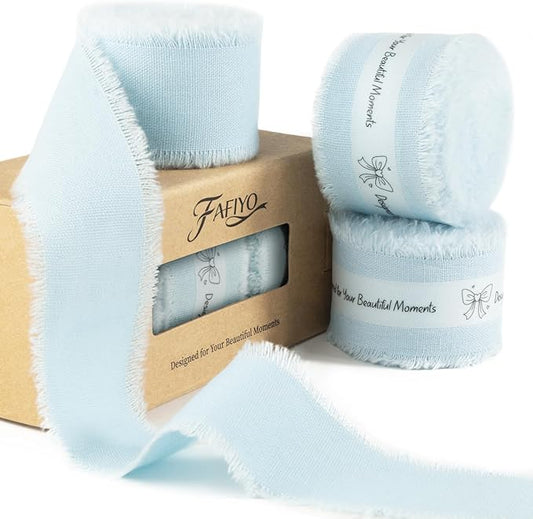 Baby Blue Cotton Ribbon 1-1/2 Inch Baby Blue 3 Rolls 21 Yards Frayed Edge Fabric Set for Baby Shower, Wedding Invitations, Nursery Decor, Christening & First Birthday Party