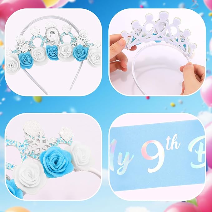 CUBACO 9th Birthday Crown Headband and Sash, 9 Year Old Girl Birthday Gifts for Blue Princess Crown, Frozen Party Decorations Favors for Girls Outfit