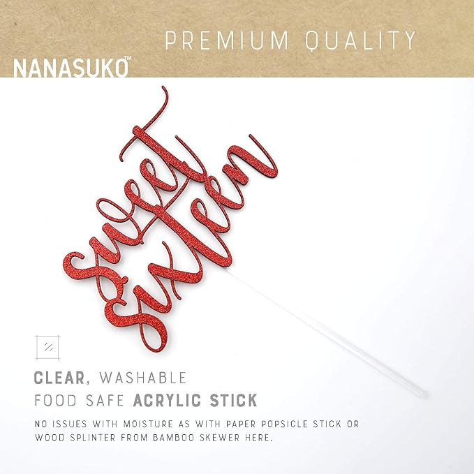 16th Birthday Cake Topper - Sweet Sixteen - Double Sided Red Glitter - Premium Quality Made in USA