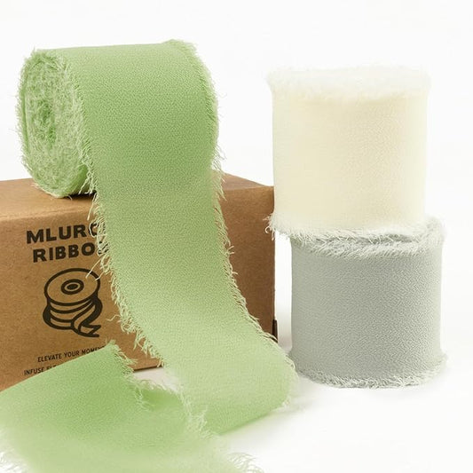 Sage Green Chiffon Ribbon 1.5 Inch x 21Yds Handmade Fringe Chiffon Silk Ribbon Sage Green/Desert Sage/Cream Frayed Chiffon Ribbon for Wedding Invitation Flower Bouquets Bridal Shower Gift Wrapping