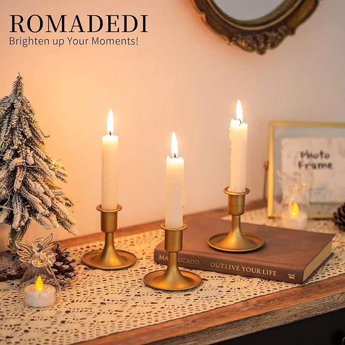 Candlestick Holders Taper Candle Holders, Romadedi Gold Candle Stick Candle Holder for Table Centerpiece, Wedding Reception, Festive Christmas Mantel Decoration or Home Decor, Set of 2