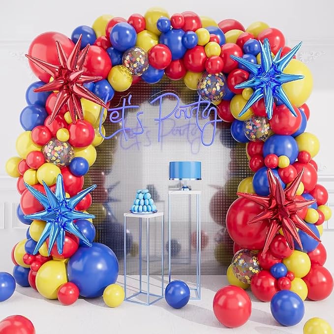 Red Blue Yellow Balloons Arch Garland Kit-Red Gold Blue Confetti Balloon 123Pcs for Birthday,Baby Shower,Graduation,Anniversary,Carnival Circus,Superhero Theme Party Decorations.