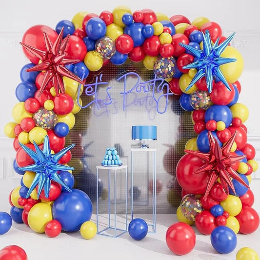 Red Blue Yellow Balloons Arch Garland Kit-Red Gold Blue Confetti Balloon 123Pcs for Birthday,Baby Shower,Graduation,Anniversary,Carnival Circus,Superhero Theme Party Decorations.