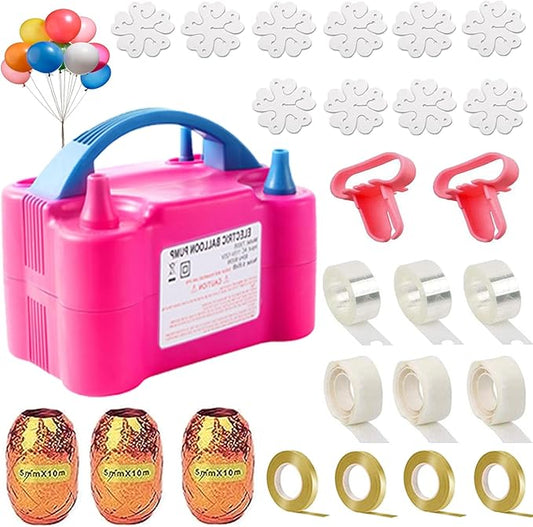 Balloon Pump Electric, 110V-120V Portable Dual Nozzle Balloon Blower with Tying Tools, Clips, Strips, Glues, Ribbons for Birthday Party Wedding Decorations