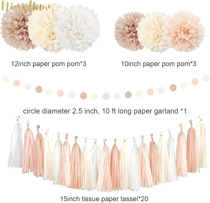 NICROHOME EUR Boho Wedding Decorations, 28PCS Rustic Neutral Creamy White Tissue Paper Pom Poms Tassel, Dots Paper Garland Decor Packages for Baby Shower Birthday Bridal Shower Party Table