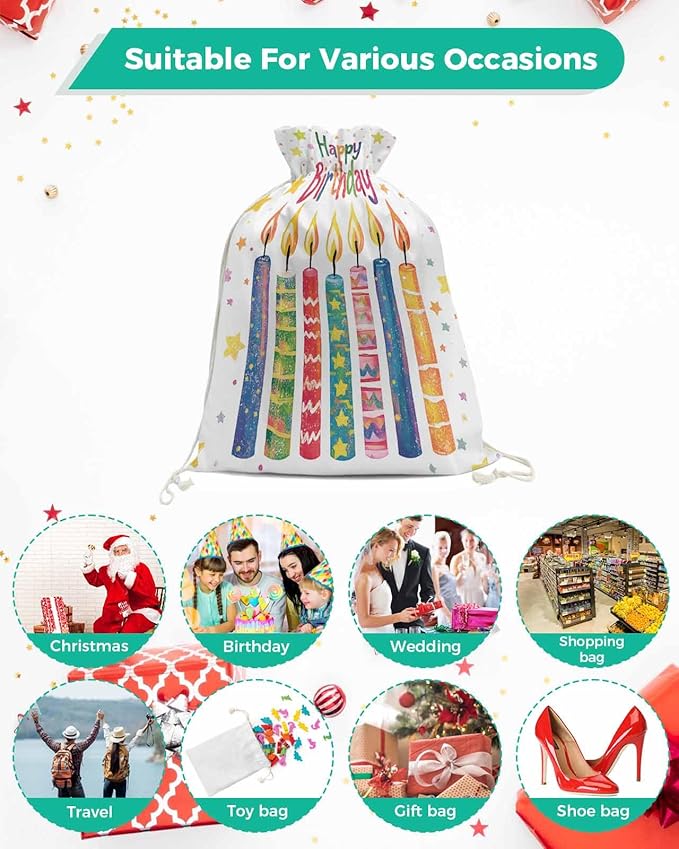Victoroes Happy Birthday Drawstring Gift Bags 10 Pieces, 5" x 7" Small Colorful Star Candles Gift Bag Reusable Fabric Wrap Bags for Wedding Party Birthday Christmas Seasonal Holiday