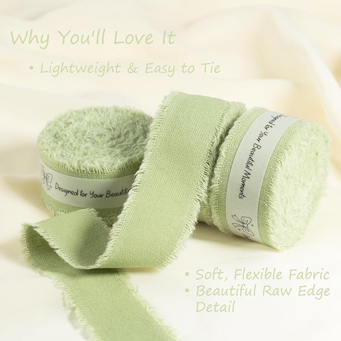 Sage Green Cotton Ribbon 1 Inch Sage Green 3 Rolls 21 Yards Frayed Edge Fabric Set for Wedding Invitations, Bridal Bouquet Wrap, Baby Shower Decor, Garden Party & Gift Wrapping