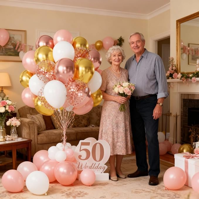 Rose Gold Balloons, 50pcs 12inch White Rose Gold Confetti Latex Balloon and Rose Metallic Balloons with Rose Gold Ribbons for Birthday Party Wedding Bridal Shower Decorations