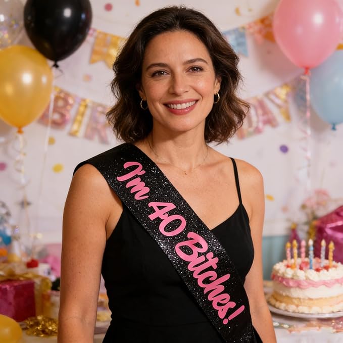 Birthday Sash, I'm 40 Bitches Pink Foil Letter Glitter Black 40th Birthday Sash for Women 40th Funny Bday Gifts Party Favors Photo Prop