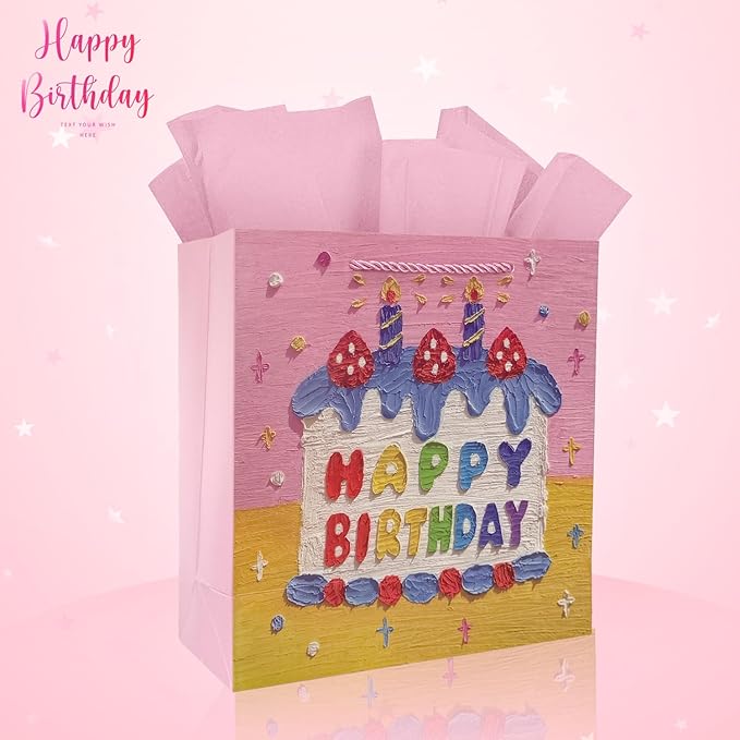 Ziletafei 9" Gift Bag with Tissue Paper, Happy Birthday Candle Cake Design for Girls Women, Pink Medium Size Party Favor Bags