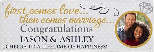 Let's Make Memories Personalized Engagement Banner - Customized Photo Banner - Engagement Party Décor - Indoor/Outdoor Vinyl - We're Engaged - 8 ft