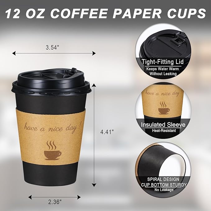 Lamosi 12 oz Coffee Cups with Lids 100 Pack, 12 oz Disposable Coffee Cup with Stir Sticks and Sleeves, To Go Hot Paper Cup for Home, Travel, Office