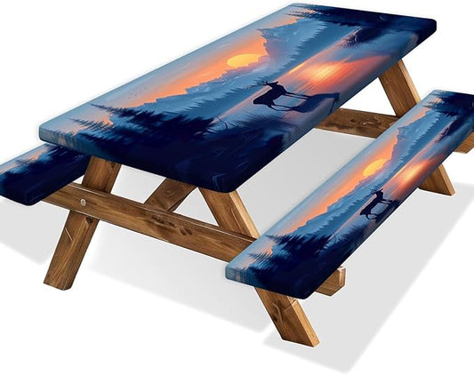 3 PCS Picnic Table Cover with Bench Covers & Storage Bag, Waterproof Fitted Camping Tablecloth with Elastic, 30x72 Inch, Sunset Mountain Lake Deer Forest Print, Indoor Outdoor Patio RV Party Table
